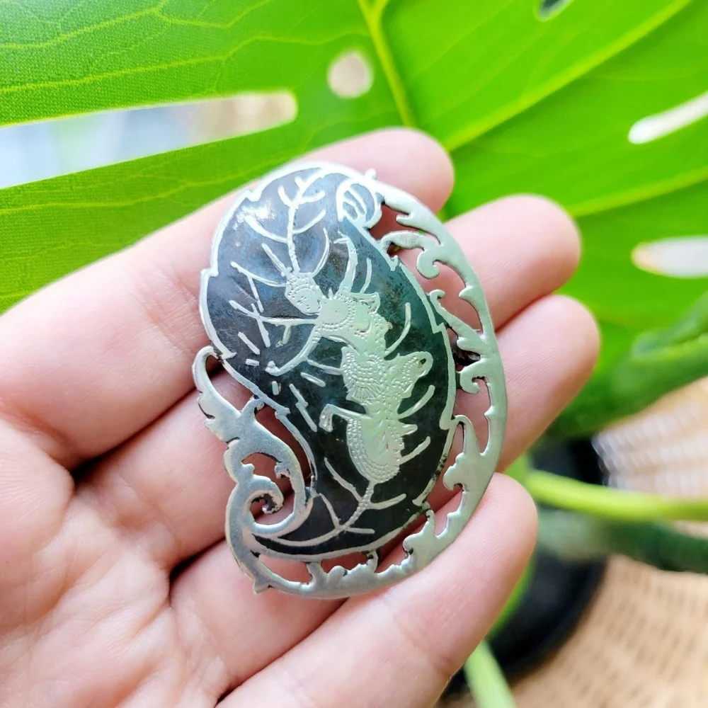 Vintage Old Siam Silver Ornate Lapel Brooch Pin - Picture 2 of 8